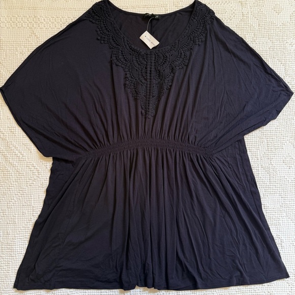 NWT Lane Bryant Crochet V-Neck Cinched Waist Navy Boho Flowy Top Size 18/20 - Picture 1 of 7